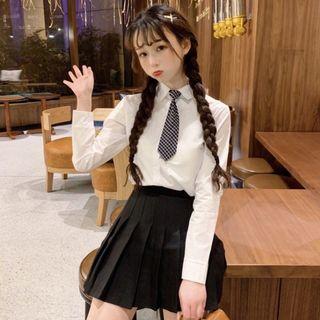 Plain Shirt / Mini A-line Pleated Skirt / Neck Tie