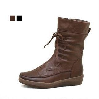 Genuine Leather Tie-front Mid Calf Boots