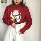 Fortune Cat Embroidered Turtleneck Sweater