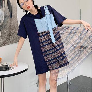 Mock Two-piece Plaid Panel Mini T-shirt Dress
