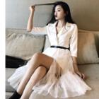 Set: Elbow-sleeve Peak Lapel Mesh Dress + Belt