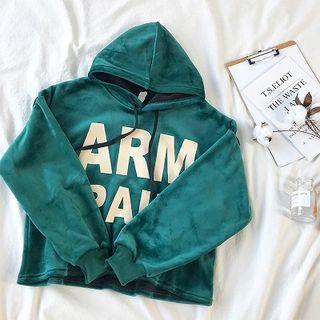 Lettering Printed Drawcord Velvet Hoodie