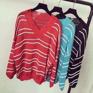 Stripe V-neck Long-sleeve Knit Sweater