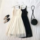 Spaghetti Strap Fringed Midi A-line Mesh Dress