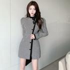 Long-sleeve Houndstooth Button-up Mini Sheath Dress