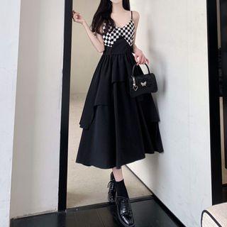 Spaghetti Strap Checkerboard Tiered Midi A-line Dress
