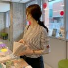 Elbow-sleeve Heart-embroidered Striped T-shirt Black - One Size