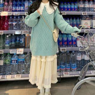 Long-sleeve Cable Knit Sweater / Long-sleeve Peter Pan Collar Shirt / Mesh Layer Midi Skirt