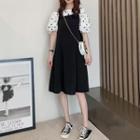Puff-sleeve Dotted Blouse / Overall Dress