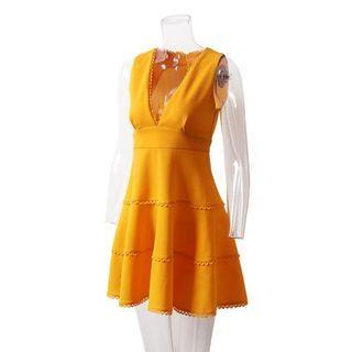 Sleeveless Crochet Trim V-neck Mini A-line Dress