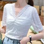 Short-sleeve V-neck Shirred Lace Top