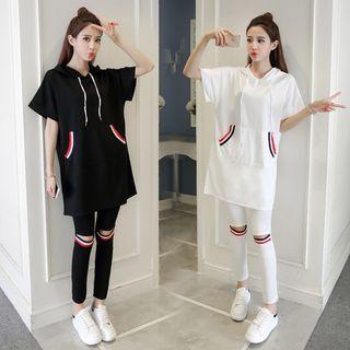 Set: Hooded Short-sleeve Long T-shirt + Knee Cutout Leggings