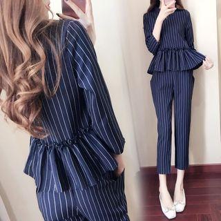 Set: 3/4-sleeve Pinstriped Blouse + Cropped Pants
