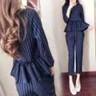 Set: 3/4-sleeve Pinstriped Blouse + Cropped Pants