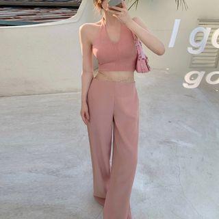 Halter Plain Cropped Knit Top / High-waist Plain Pants With Chain