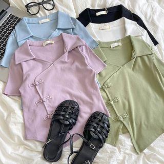 Short-sleeve Chinese Knot Button Plain Polo Collar Asymmetrical Hem Top