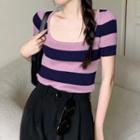 Short-sleeve Scoop-neck Striped Knit Top Purple - One Size