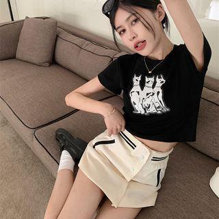 Short-sleeve Print Cropped T-shirt / Mini Pencil Skirt