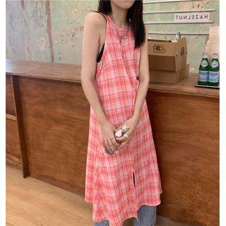 Sleeveless Plaid A-line Dress Pink - One Size