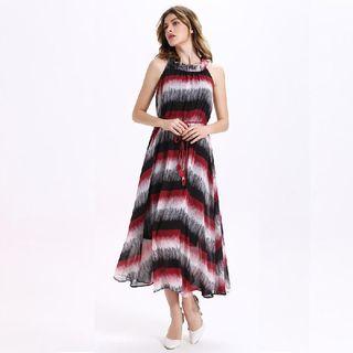 Sleeveless Frilled Trim Printed Maxi Dress