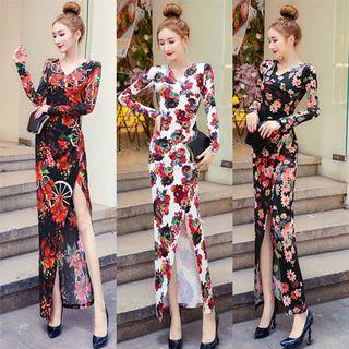 Long-sleeve Floral-pattern Maxi Evening Dress