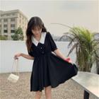 Collared Short-sleeve Mini A-line Dress Black - One Size