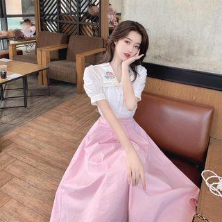 Embroider Short-sleeve Shirt / Plain A-line Skirt