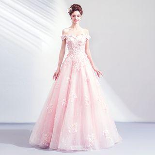 Off-shoulder Sequined Floral Applique A-line Evening Gown