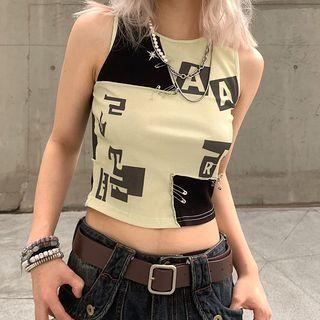 Color-block Lettering Print Crop Tank Top