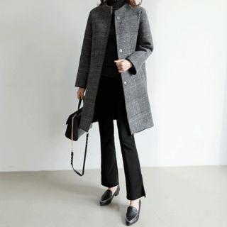 Stand-collar Glen-plaid Faux-fur Lined Coat