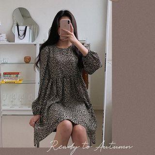 Puff-sleeve Shirred Leopard Dress