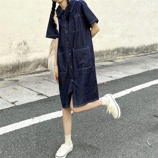 Denim Short-sleeve Midi Shirt Dress Denim Blue - One Size