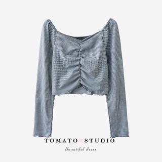 Square-neck Plaid Pleated Cropped Top