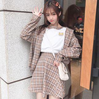 Plaid Shirt / Raglan Short-sleeve T-shirt / A-line Skirt
