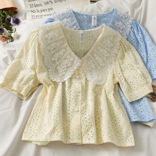 Mesh-collar Embroidered Eyelet Shirt