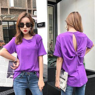 Elbow-sleeve Back Knot Open Back T-shirt