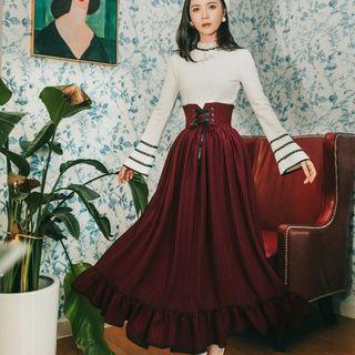 Set: Bell-sleeve Knit Top + Plaid Ruffle Hem A-line Maxi Dress