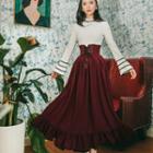 Set: Bell-sleeve Knit Top + Plaid Ruffle Hem A-line Maxi Dress
