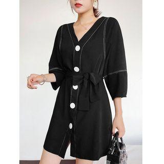 Buttoned Contrast Trim 3/4 Sleeve Dress