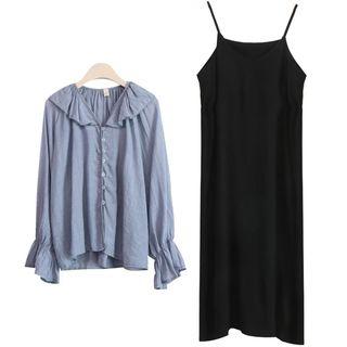 Spaghetti Strap Side-split Midi Dress / Puff Long Sleeve Blouse