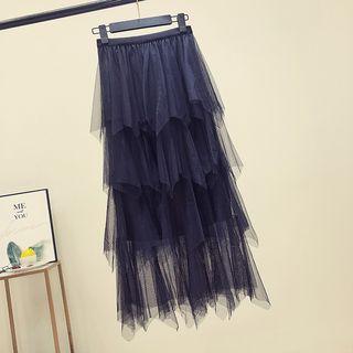 Asymmetrical Midi Tiered Mesh Skirt