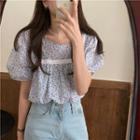 Square Neck Floral Puff Short Sleeve Shirt As Shown In Figure - One Size