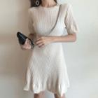 Short-sleeve Knit A-line Dress Beige - One Size