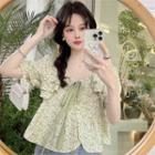 Puff-sleeve Floral Print Ruffled Blouse White - One Size
