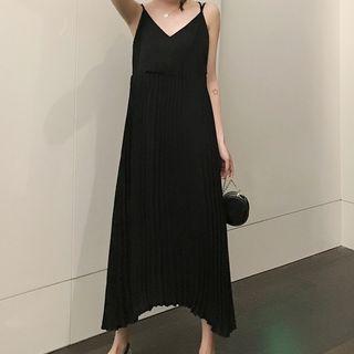 Spaghetti Strap Plain Pleated Midi A-line Dress