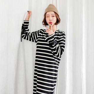 Crew-neck Stripe Long T-shirt Dress