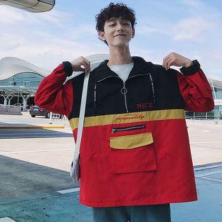Stand Collar Color Block Lettering Half-zip Pullover