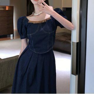 Square Neck Denim Crop Top / Midi A-line Skirt