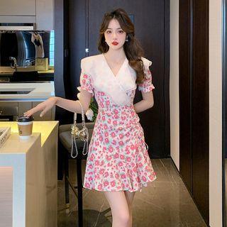 Short-sleeve Wide Collar Floral Mini A-line Dress