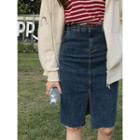 Slit-front Frayed Denim H-line Skirt